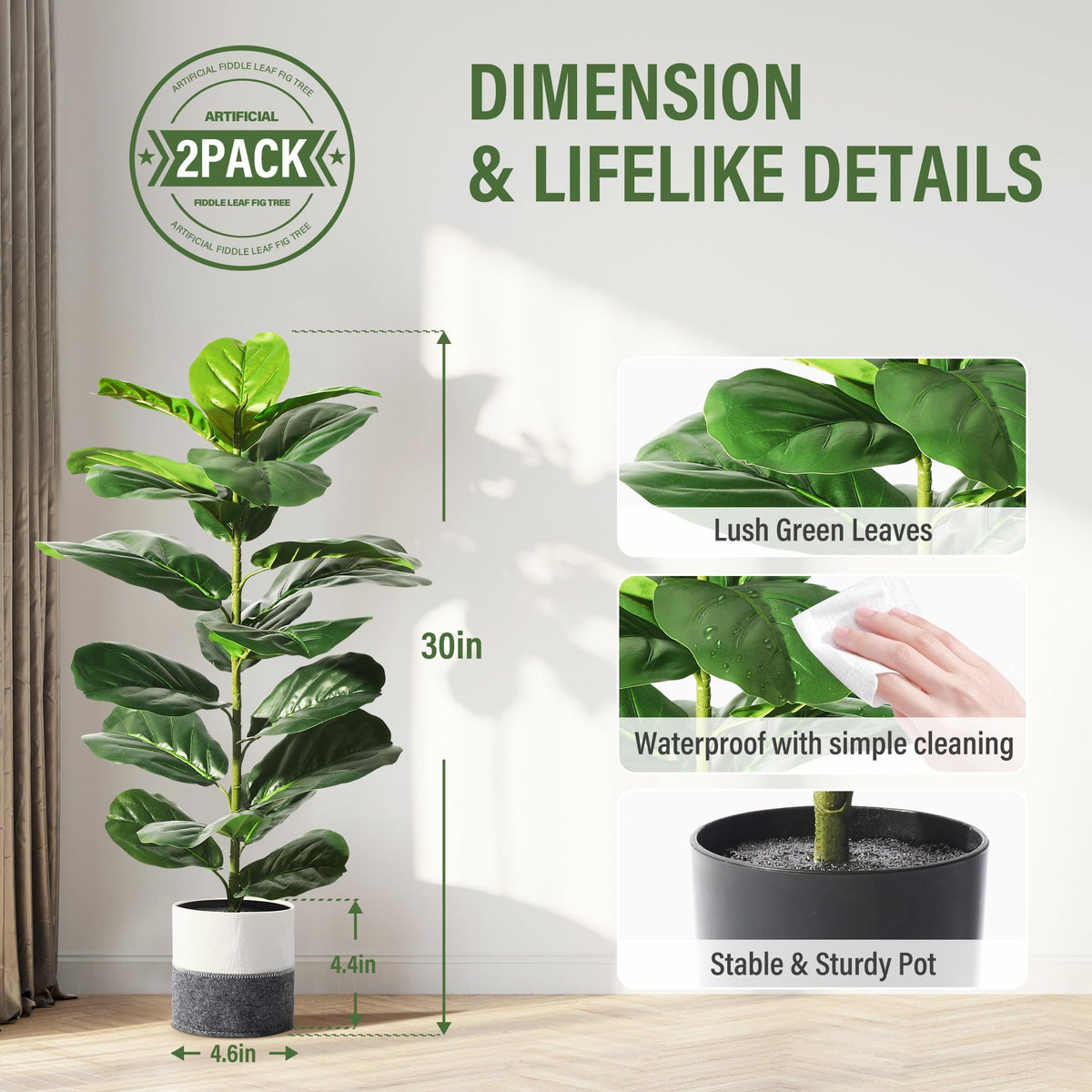 Suntee faux fiddle leaf fig leaves with visible veins add lifelike texture.