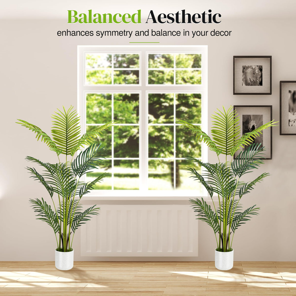 Suntee palm tree with white planter adds balanced decor to living spaces.