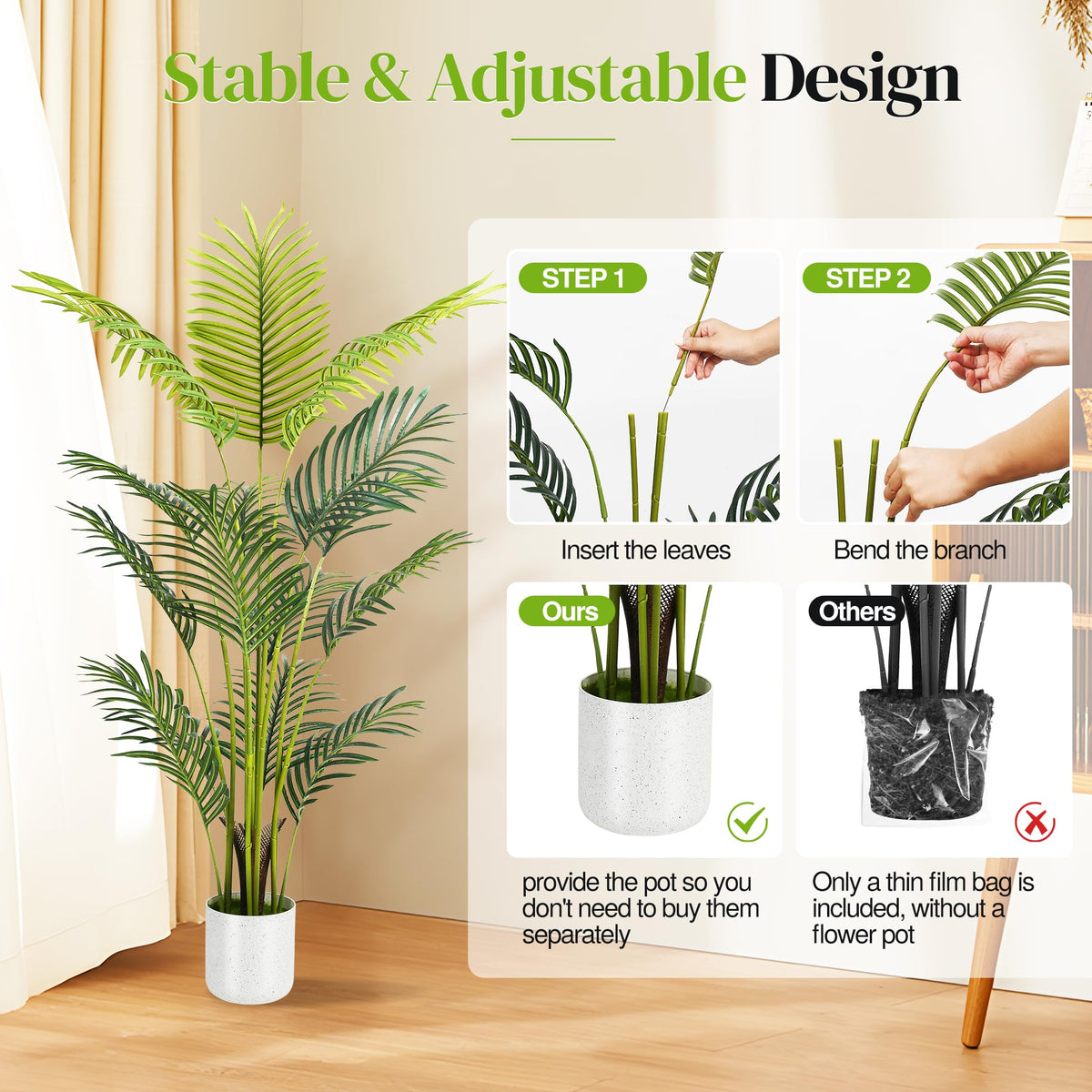Suntee palm trunk and leaf detail showing realistic structure for indoor display.