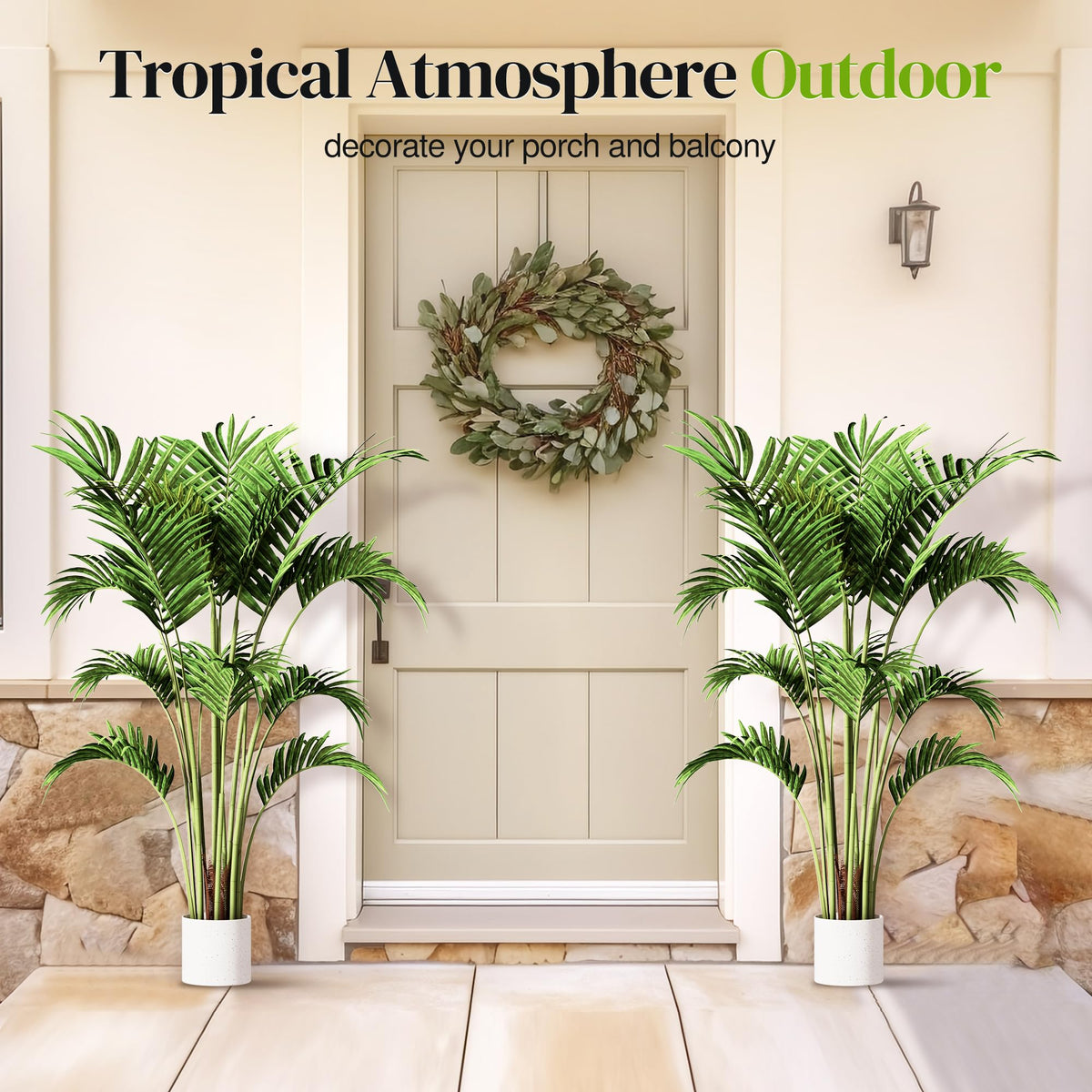 Suntee palm decor in living room demonstrating tropical silhouette and scale.