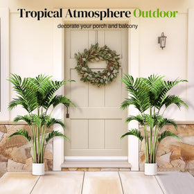 Suntee palm decor in living room demonstrating tropical silhouette and scale.