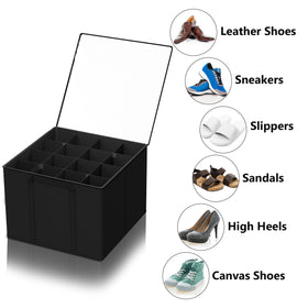 SUOCO compact 17x17x13 inch shoe bin in a bedroom closet.