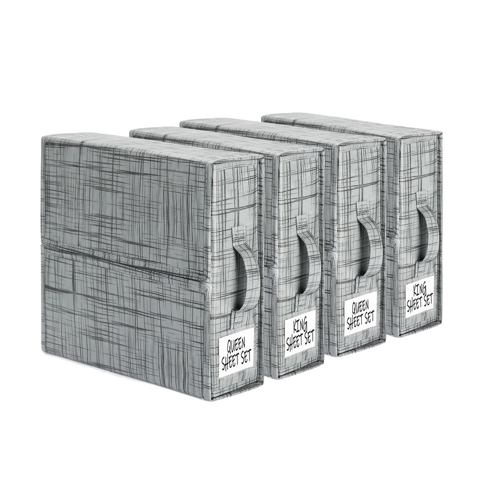 SUOCO SheetCube four-pack boxes stacked for compact linen storage.