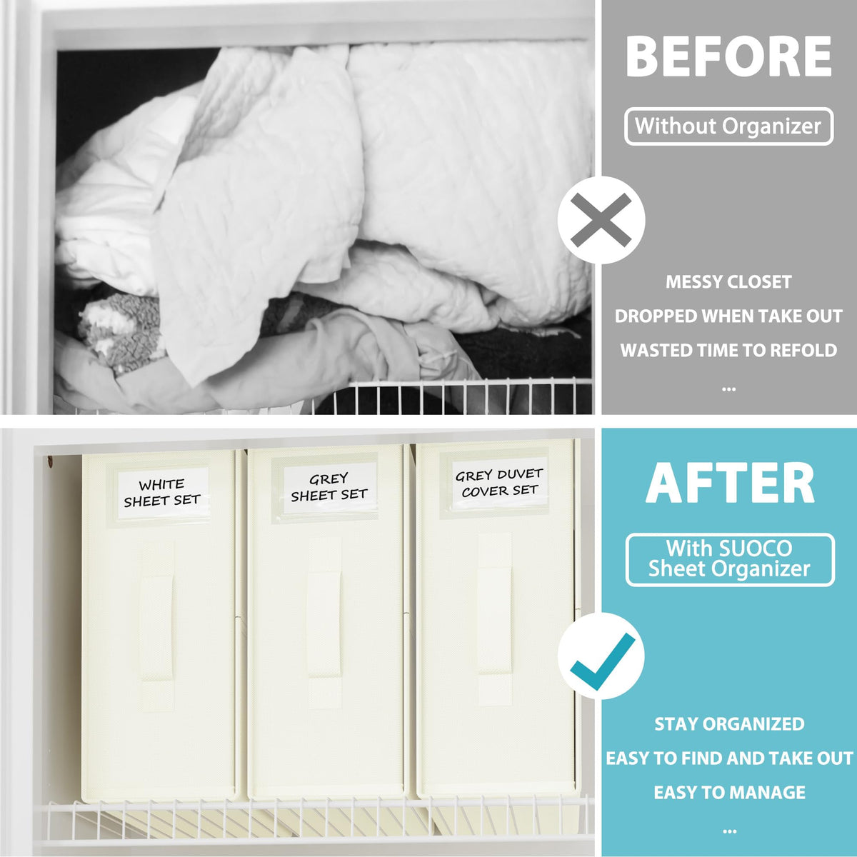SUOCO SheetCube beige label closet aids fast retrieval of linens
