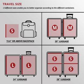 SUOCO travel-size bags show varied dimensions for carry-on packing.
