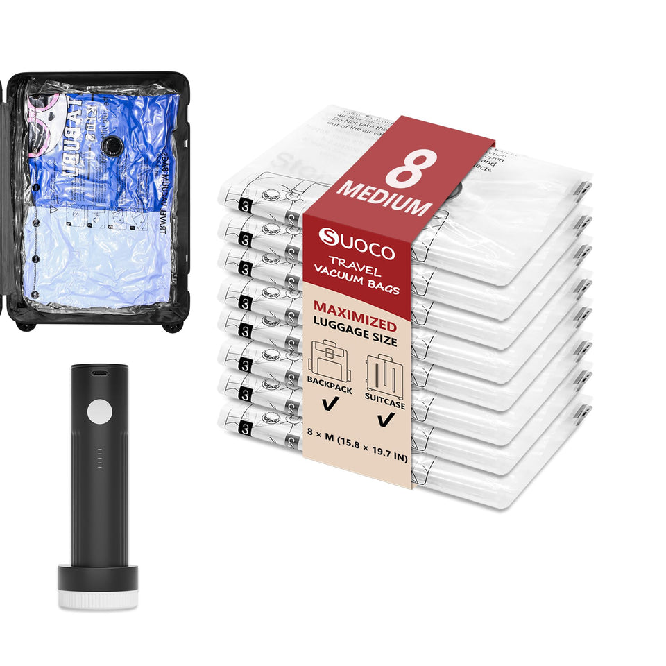 SUOCO 8-medium travel vacuum bags demonstrate compact packing efficiency.