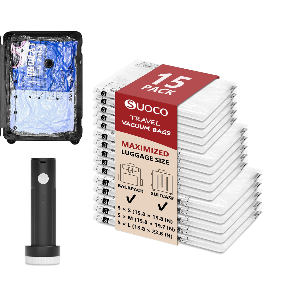 SUOCO travel vacuum bags demonstrate compression to free suitcase space.