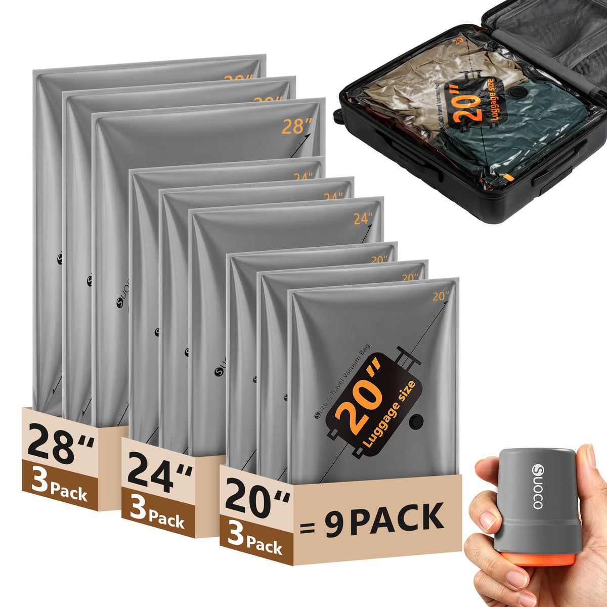 SUOCO travel vacuum bag with cordless pump in use saves space