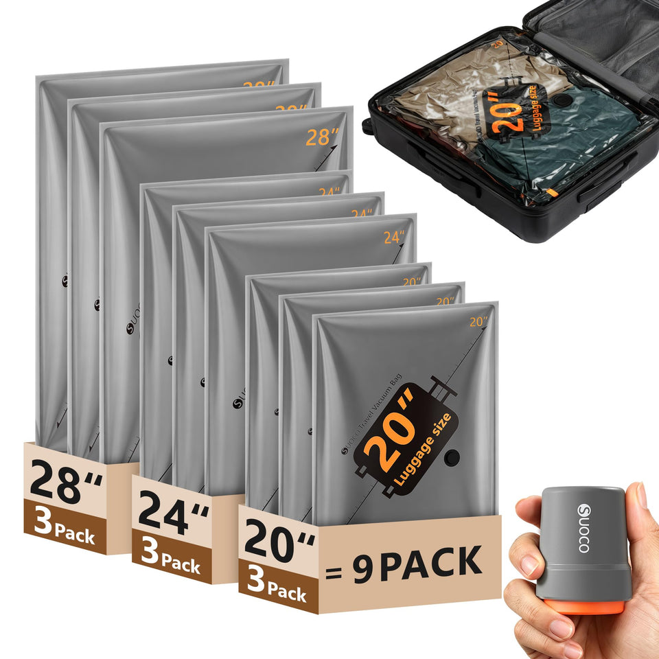 SUOCO travel vacuum bag with cordless pump in use saves space