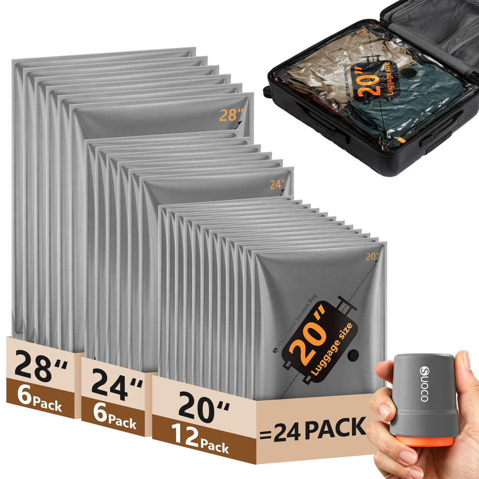 SUOCO travel vacuum bags with cordless pump in action, saving space during packing.