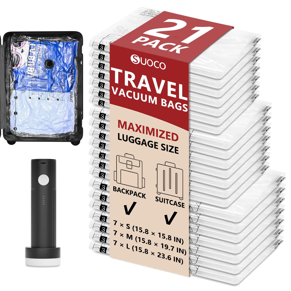 SUOCO travel vacuum bags with wireless pump in use to maximize luggage space.