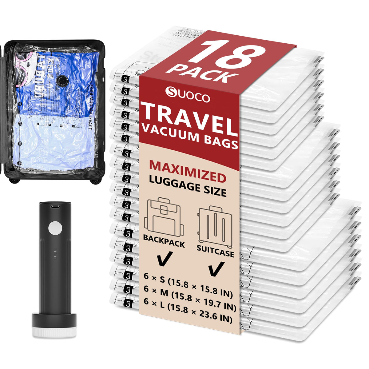 SUOCO travel vacuum bags save space by compressing clothes efficiently.