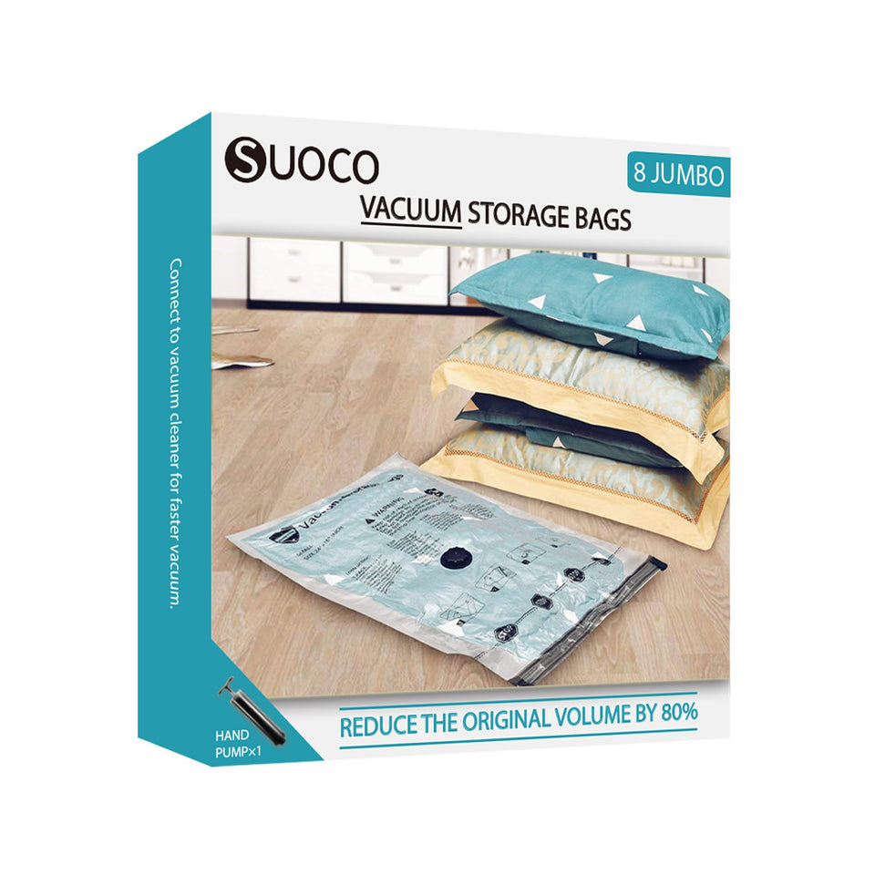 SUOCO vacuum bags in an 8 jumbo package for space-saving storage.