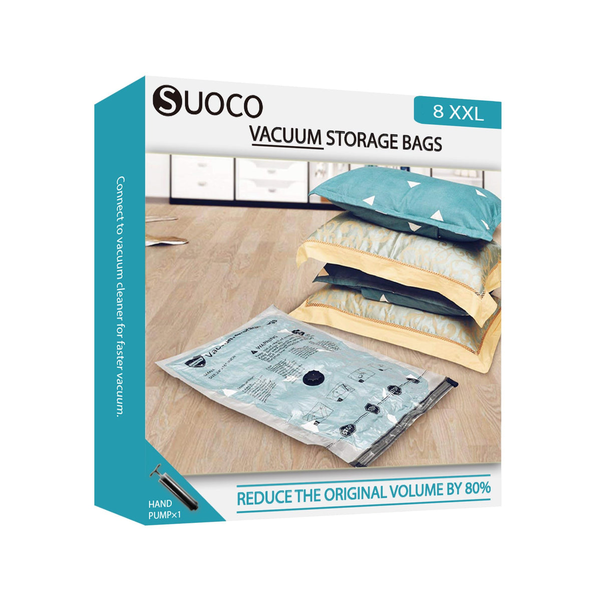 SUOCO vacuum bags 8xjumbo packaging ready for space saving storage.