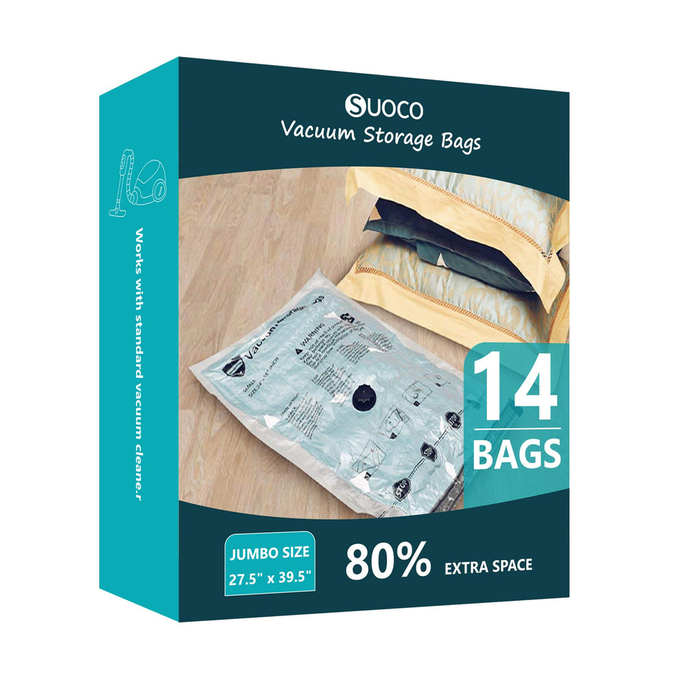 SUOCO vacuum storage bags with 14 jumbo blankets stored to save space.