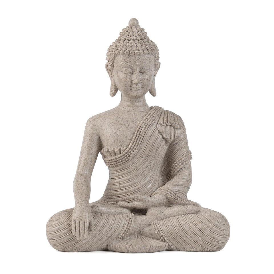 Suoedd Buddha Statue beige-white 9.2in on shelf for calm ambiance
