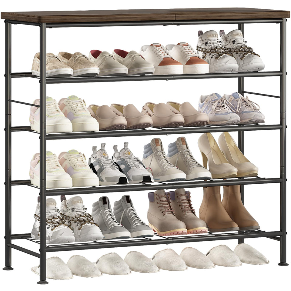 SUOERNUO 5-tier shoe rack front view with a black rustic brown finish for organized footwear.