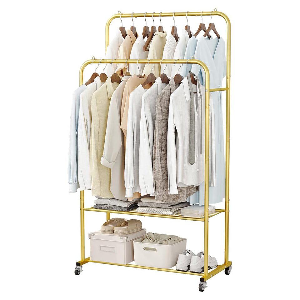 SUOERNUO clothes rack with wheels - front view in golden finish for versatile storage.