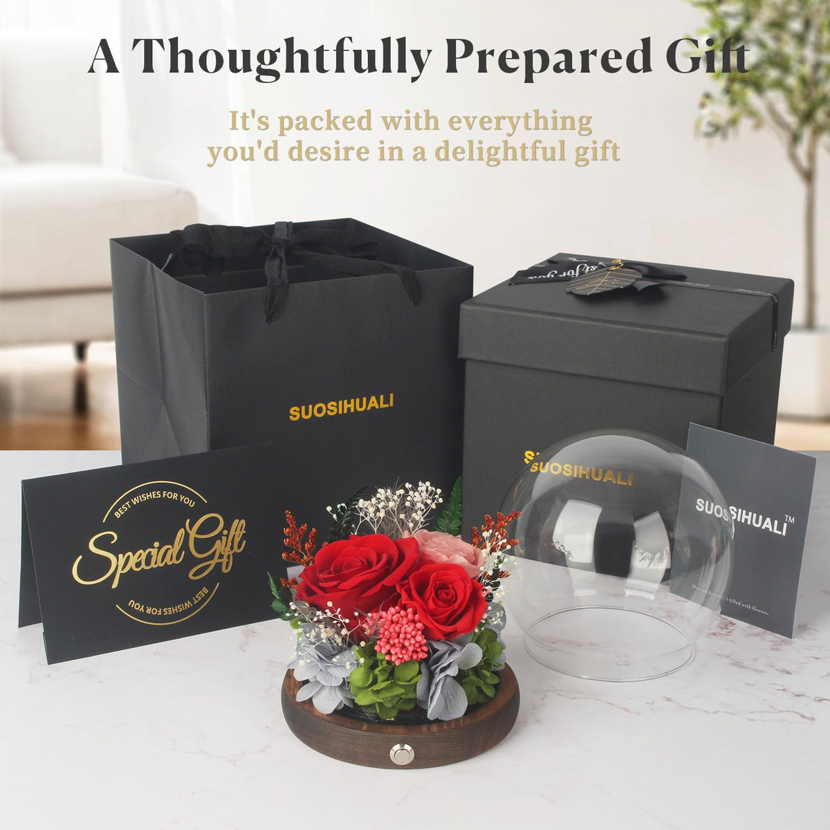 SUOSIHUALI high-clarity glass dome protects blooms and showcases detail
