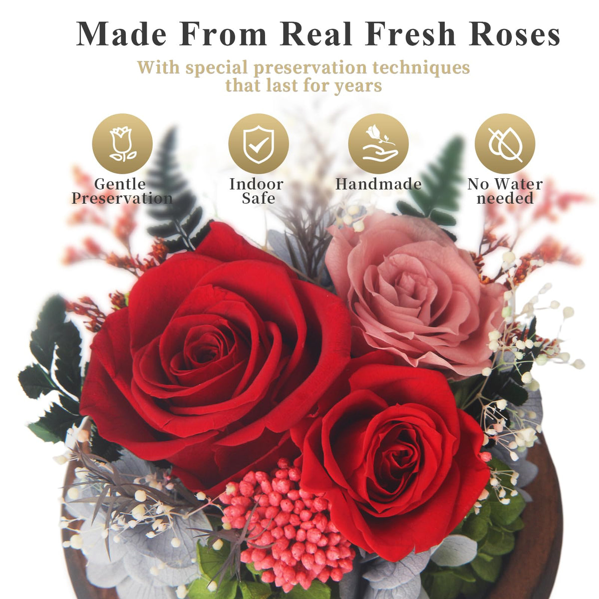 SUOSIHUALI rose dome on wooden base with warm LED light for ambiance