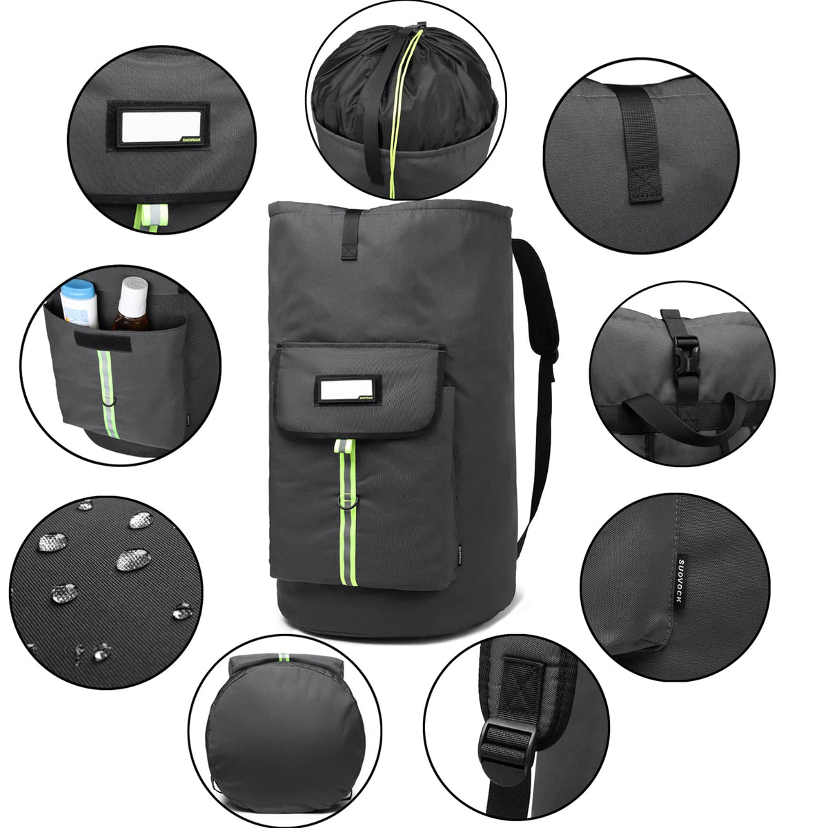 SUOVOCK backpack front pocket keeps laundry essentials organized.