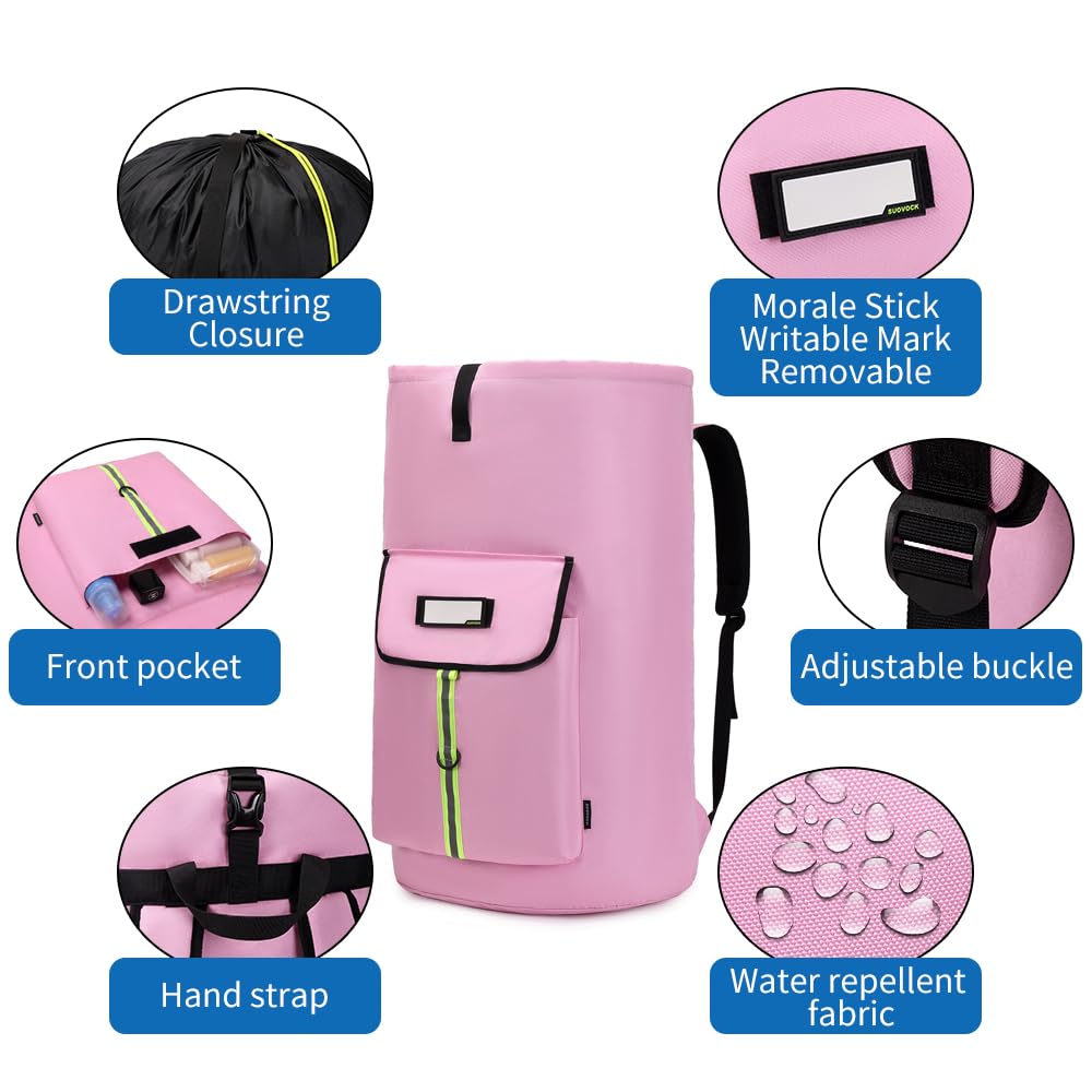 SUOVOCK laundry bag backpack side view showing reinforced stitching and rugged fabric.