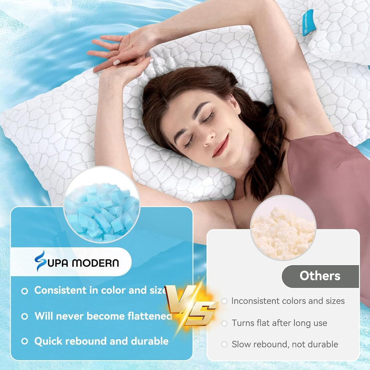 SUPA MODERN shredded memory foam pillow never goes flat.