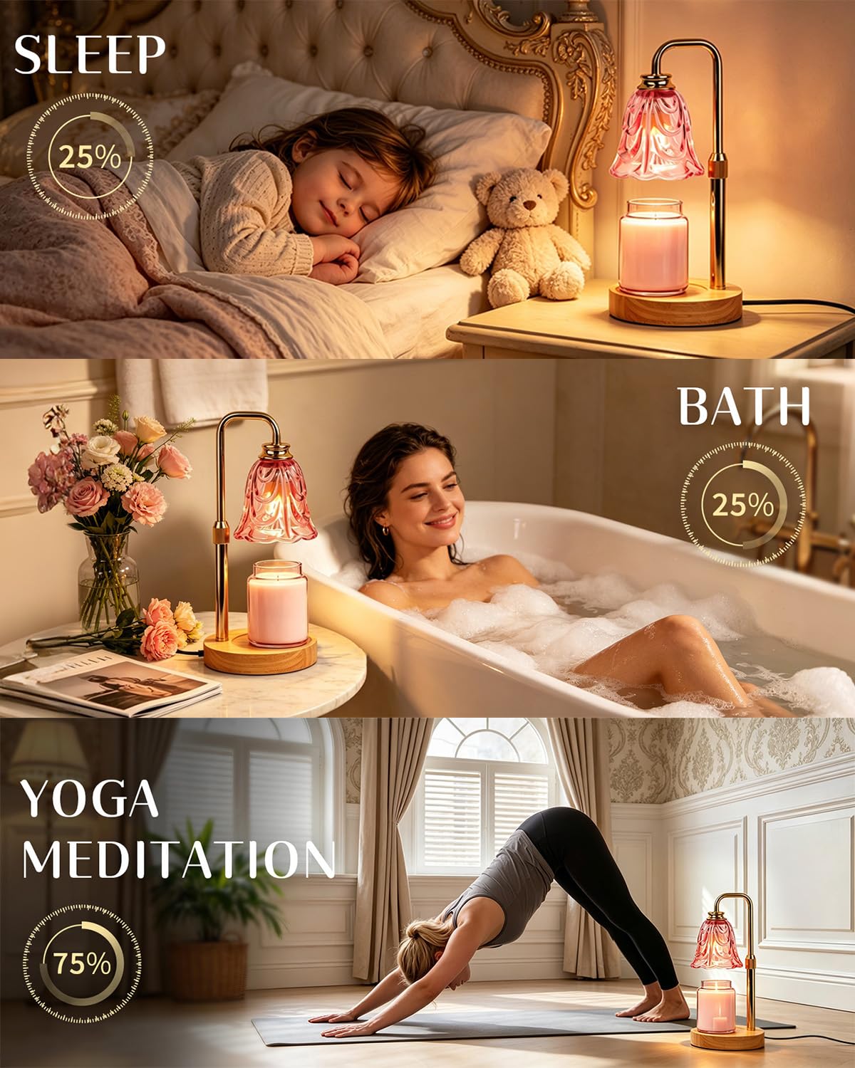Bedroom decor scene features pink warmer as soft night light.