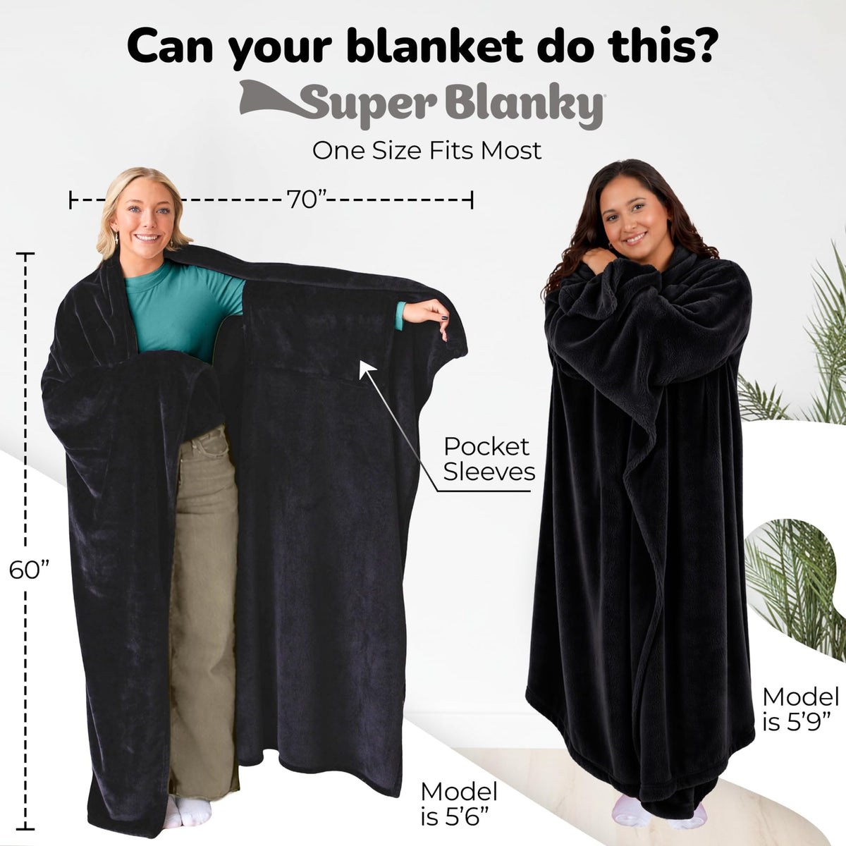Super Blanky blanket with sleeves for hands-free motion.