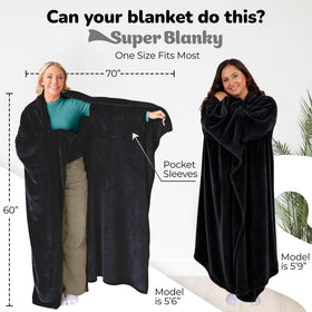 Super Blanky blanket with sleeves for hands-free motion.