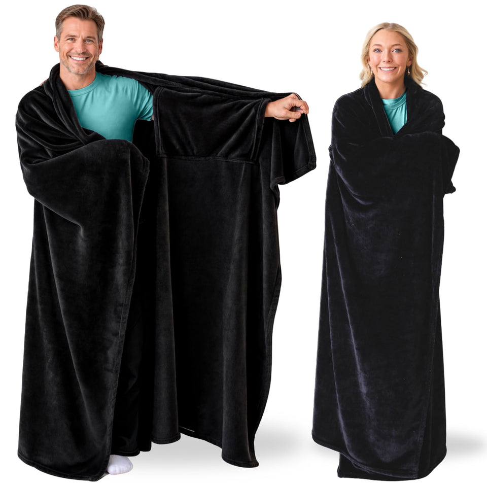 Super Blanky wearable blanket with pocket sleeves for easy warmth and mobility.