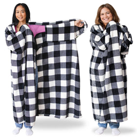 Super Blanky wearable blanket with checkered pocket sleeves for cozy lounging