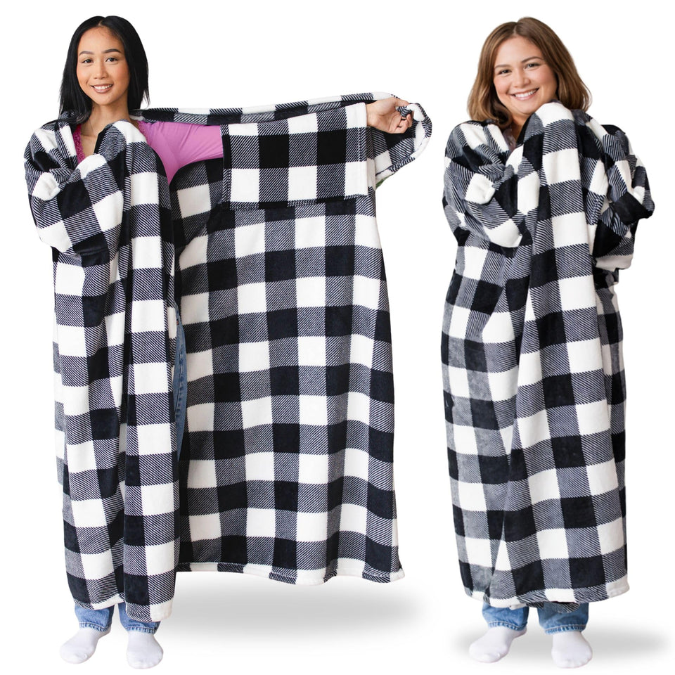 Super Blanky wearable blanket with checkered pocket sleeves for cozy lounging