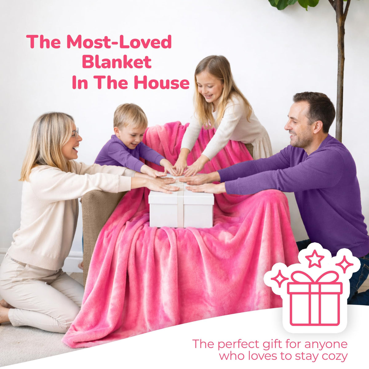 Super Blanky blanket on sofa shows an oversized drape for cozy couch moments