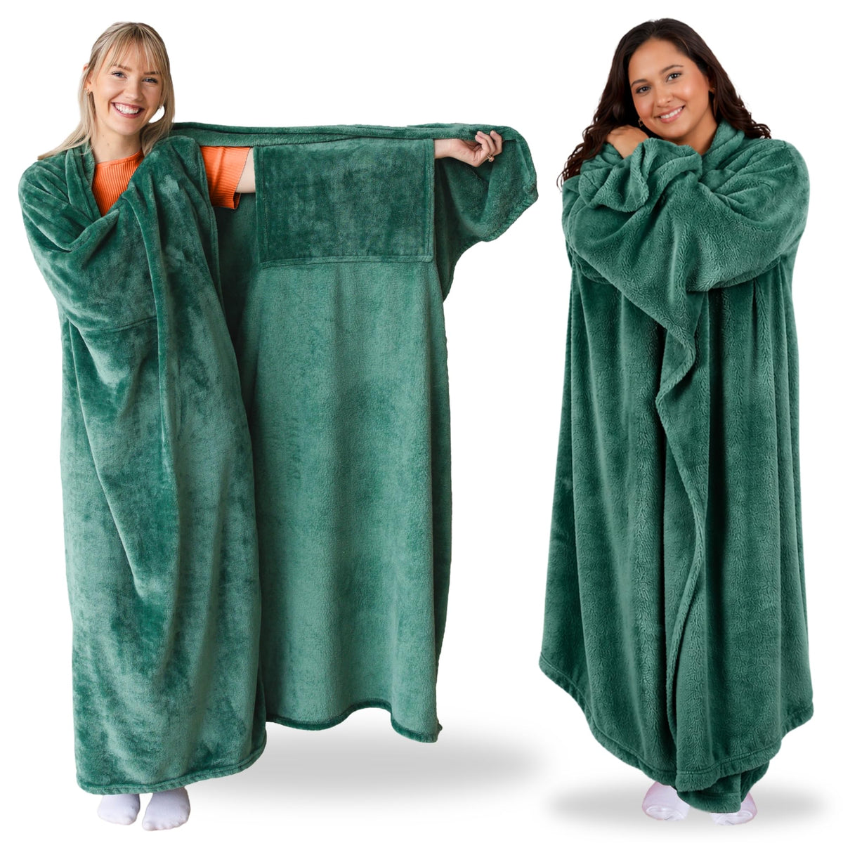 Super Blanky wearable blanket in forest green with pocket sleeves for hands-free warmth.