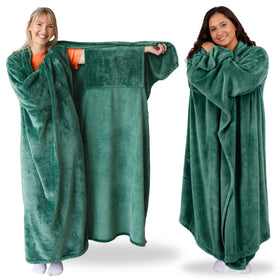 Super Blanky wearable blanket in forest green with pocket sleeves for hands-free warmth.