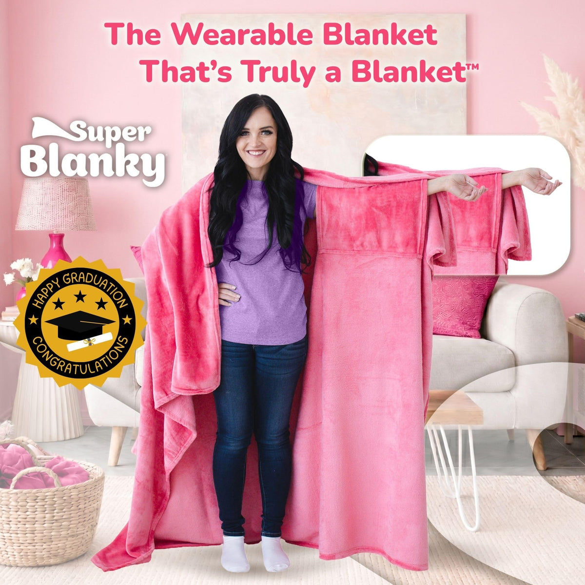 Super Blanky hot pink wearable blanket side view enables easy movement with pocket sleeves