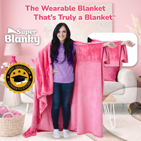 Super Blanky hot pink wearable blanket side view enables easy movement with pocket sleeves