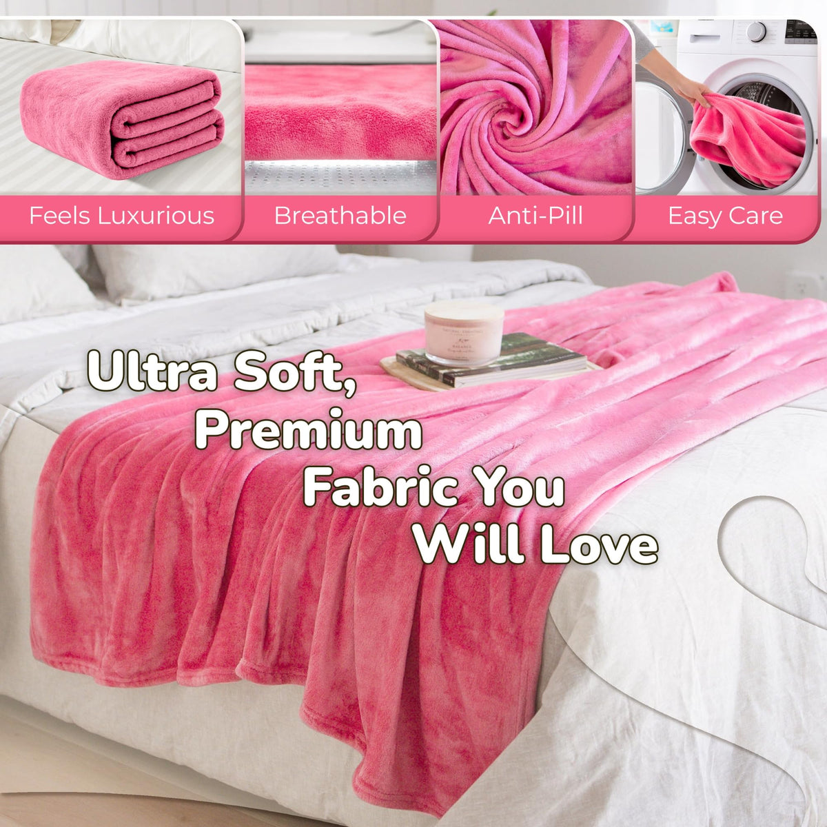 Model wearing Super Blanky hot pink wearable blanket for warmth