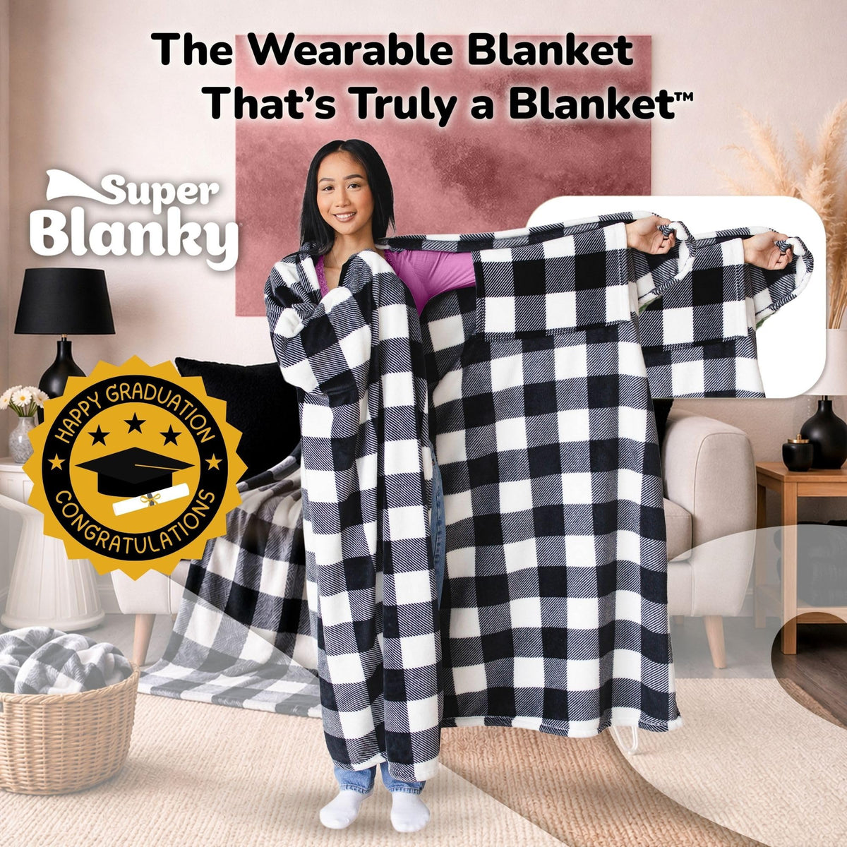 Super Blanky oversized wearable blanket drapes over the couch for comfort