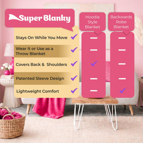 Oversized Super Blanky blanket drapes over a chair for versatile use