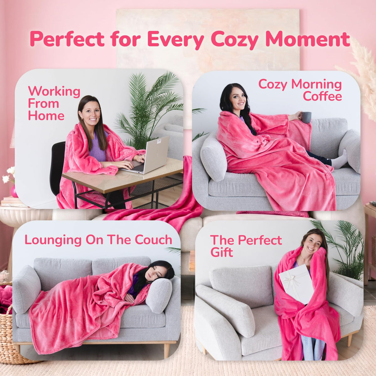 Pocket sleeves on the Super Blanky wearable blanket provide hands-free warmth for lounging