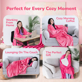 Pocket sleeves on the Super Blanky wearable blanket provide hands-free warmth for lounging