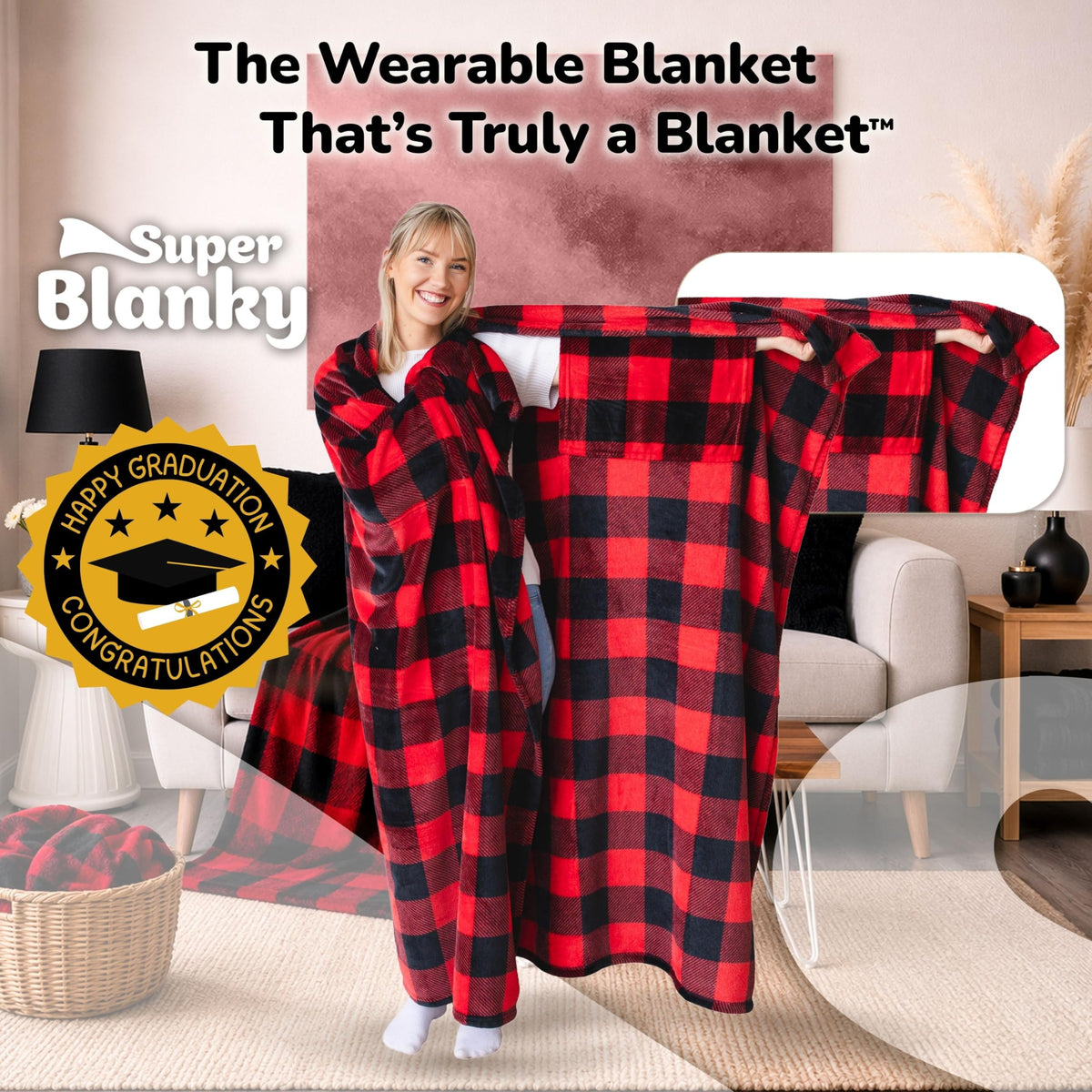 Super Blanky cozy robe-style blanket on a couch, perfect for relaxing evenings.