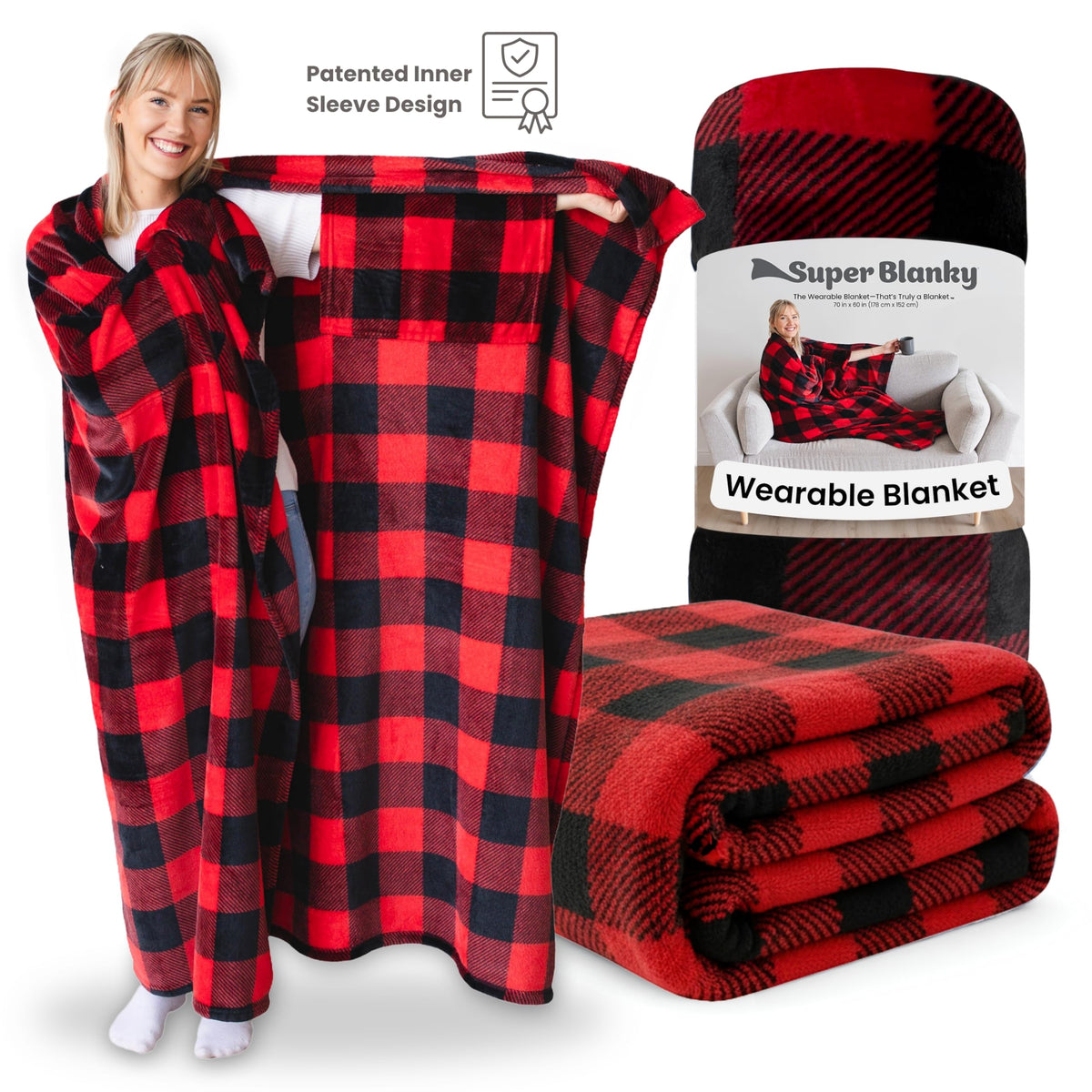 Red checkered Super Blanky wearable blanket, perfect Valentine’s Day or winter gift.
