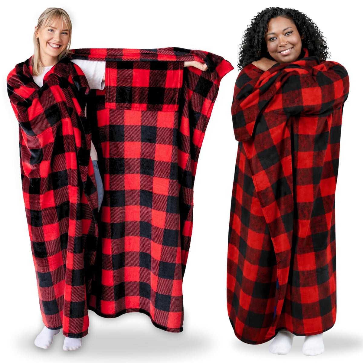 Super Blanky wearable blanket in red checkered fabric with pocket sleeves for hands-free warmth.