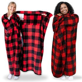 Super Blanky wearable blanket in red checkered fabric with pocket sleeves for hands-free warmth.