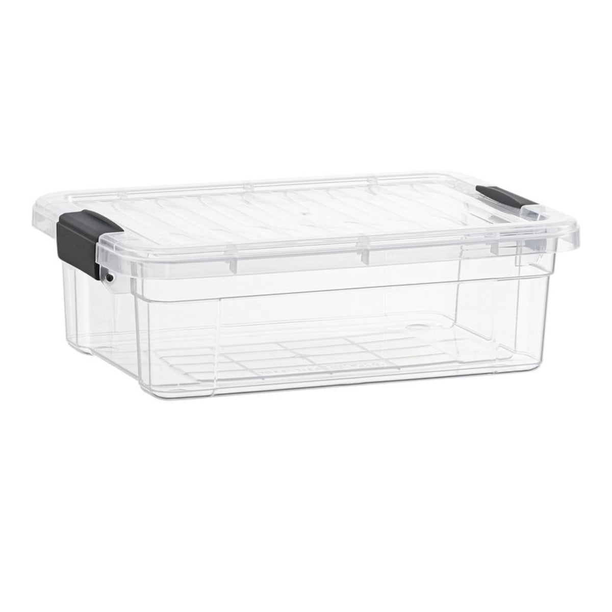 Superio clear storage box with lid—front view shows visibility for quick item checks.