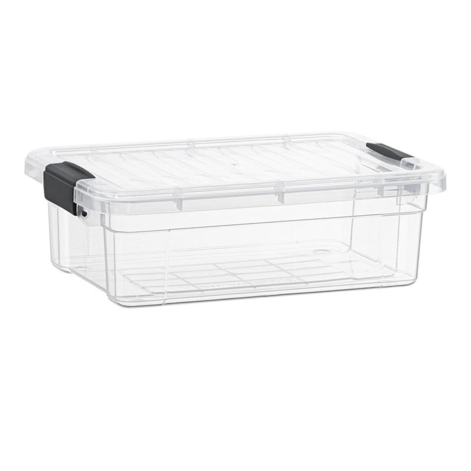 Superio clear storage box with lid—front view shows visibility for quick item checks.