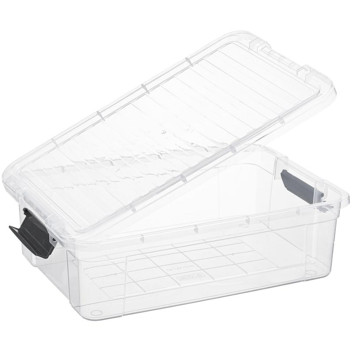 Superio clear storage box with lid—side view illustrates compact shelf footprint.